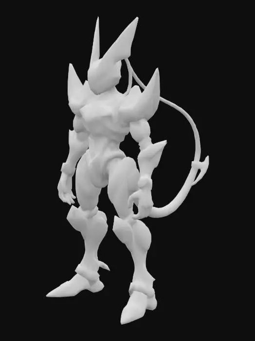 3D model for robot gold and black and purple gundam  pokemon mewtwo with wires hanging off his back