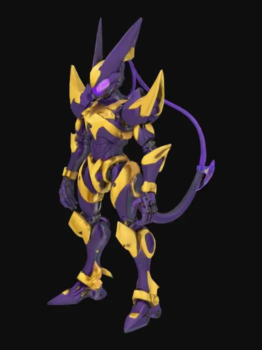 3D model for robot gold and black and purple gundam  pokemon mewtwo with wires hanging off his back