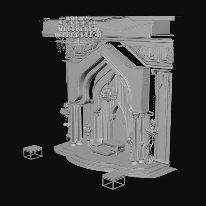 3D model for “Design an ultra-luxury wedding scenography in Qatar inside a grand ballroom. Focus on monumental scale, architectural staging, and emotional guest journey. Create a dramatic central Kosha stage framed by sculptural arches inspired by contemporary Arabic geometry. Use refined materials such as onyx, brushed brass, silk drapery, carved stone, and mother-of-pearl details. Lighting must be layered — warm, cinematic, and immersive — with hidden sources and soft glows. The atmosphere should feel timeless, regal, and modern, avoiding visual clutter. Emphasize symmetry, procession pathways, and spatial depth. High realism, editorial quality.”
Generate 3 variations per space:

Entrance

Kosha

Guest seating

Ceiling / lighting installation
“increase architectural drama”

“reduce ornamentation by 3