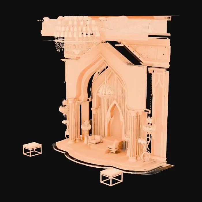 3D model for “Design an ultra-luxury wedding scenography in Qatar inside a grand ballroom. Focus on monumental scale, architectural staging, and emotional guest journey. Create a dramatic central Kosha stage framed by sculptural arches inspired by contemporary Arabic geometry. Use refined materials such as onyx, brushed brass, silk drapery, carved stone, and mother-of-pearl details. Lighting must be layered — warm, cinematic, and immersive — with hidden sources and soft glows. The atmosphere should feel timeless, regal, and modern, avoiding visual clutter. Emphasize symmetry, procession pathways, and spatial depth. High realism, editorial quality.”
Generate 3 variations per space:

Entrance

Kosha

Guest seating

Ceiling / lighting installation
“increase architectural drama”

“reduce ornamentation by 3