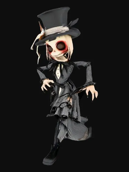 3D model for create a hybrid of alice in wonderlands mad hatter and tim burtons jack Skellington, as a creepy old fashioned victorian doll, spooky, distressed surfaces, claws, stylized look, clean cut details, depressive mood