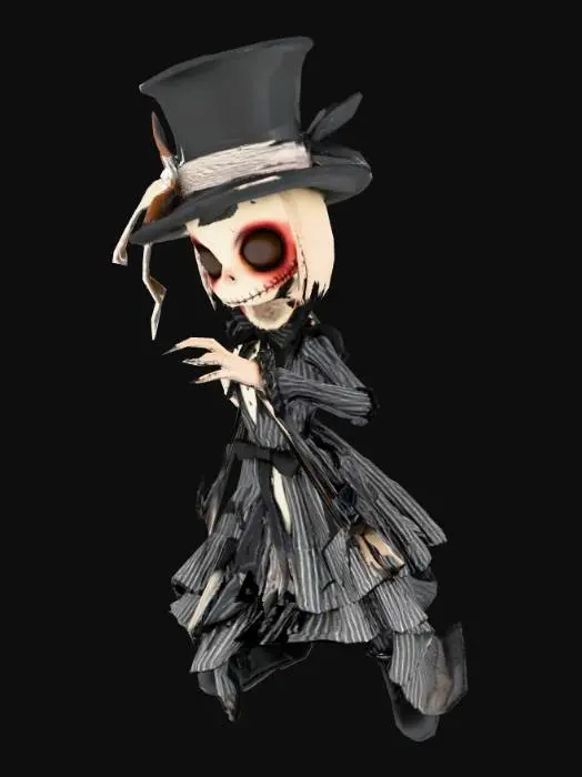 3D model for create a hybrid of alice in wonderlands mad hatter and tim burtons jack Skellington, as a creepy old fashioned victorian doll, spooky, distressed surfaces, claws, stylized look, clean cut details, depressive mood