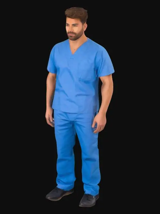 3D model for Full body medium build male, tan skin, brown hair, and a short brown beard wearing blue hospital scrubs and black shoes in an A-pose.