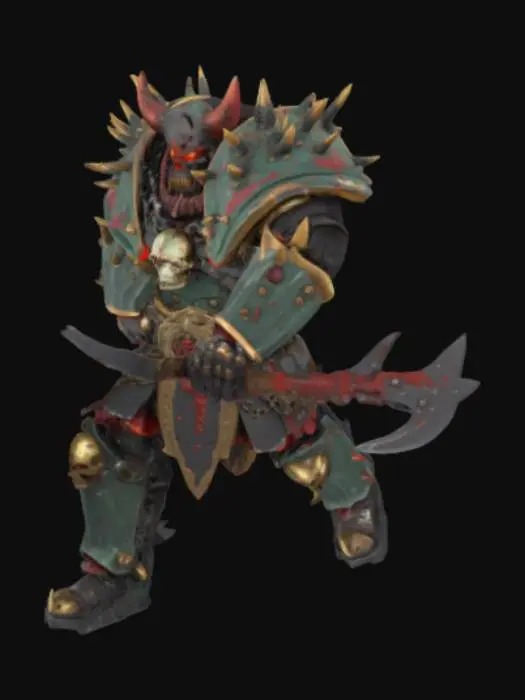 3D model for Khorne Berzerker in spiked Chaos power armor, wielding dual chainaxes. Brutal battle damage (skull trophies, blood splatter), brass trim with verdigris corrosion, and glowing rage-filled eye lenses. Stylized exaggerated proportions (à la ‘Eavy Metal paint jobs), 4k albedo/normal maps.