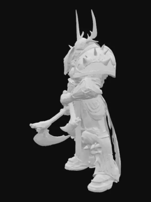 3D model for Khorne Berzerker in spiked Chaos power armor, wielding dual chainaxes. Brutal battle damage (skull trophies, blood splatter), brass trim with verdigris corrosion, and glowing rage-filled eye lenses. Stylized exaggerated proportions (à la ‘Eavy Metal paint jobs), 4k albedo/normal maps.