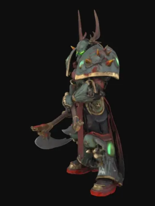 3D model for Khorne Berzerker in spiked Chaos power armor, wielding dual chainaxes. Brutal battle damage (skull trophies, blood splatter), brass trim with verdigris corrosion, and glowing rage-filled eye lenses. Stylized exaggerated proportions (à la ‘Eavy Metal paint jobs), 4k albedo/normal maps.