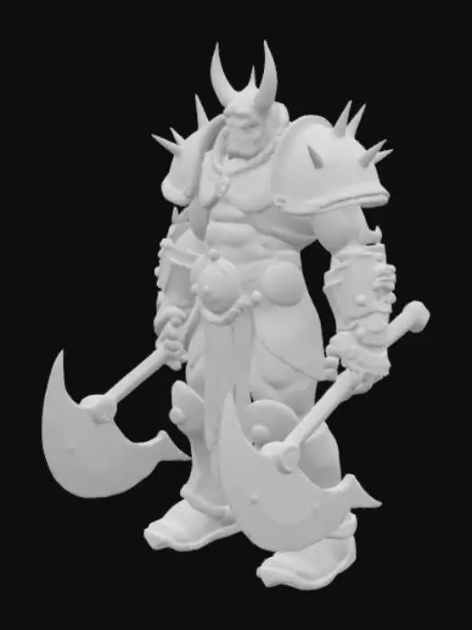 3D model for Khorne Berzerker in spiked Chaos power armor, wielding dual chainaxes. Brutal battle damage (skull trophies, blood splatter), brass trim with verdigris corrosion, and glowing rage-filled eye lenses. Stylized exaggerated proportions (à la ‘Eavy Metal paint jobs), 4k albedo/normal maps.