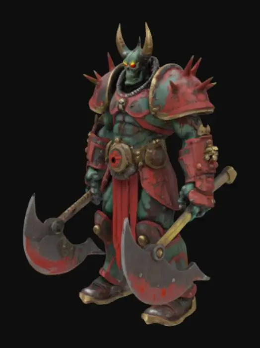 3D model for Khorne Berzerker in spiked Chaos power armor, wielding dual chainaxes. Brutal battle damage (skull trophies, blood splatter), brass trim with verdigris corrosion, and glowing rage-filled eye lenses. Stylized exaggerated proportions (à la ‘Eavy Metal paint jobs), 4k albedo/normal maps.