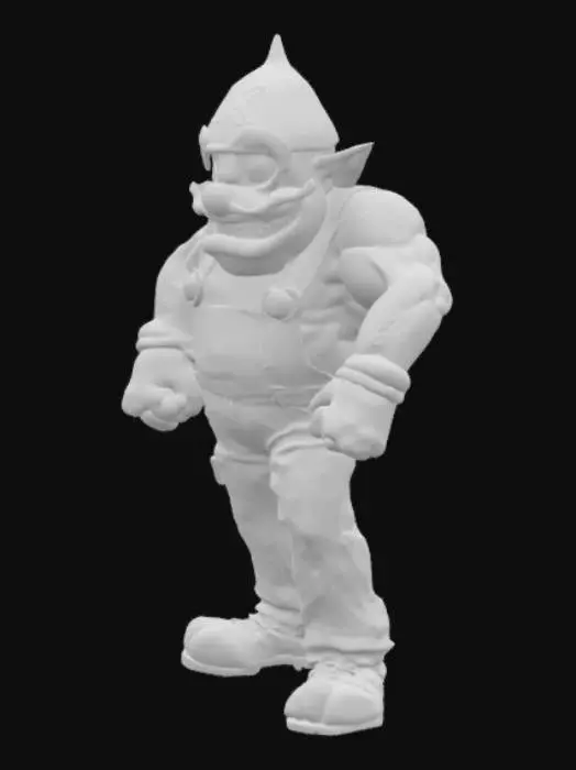 3D model for Wario in exaggerated '90s comic-book style: muscle-bound, purple overalls with oil stains, and a grotesque grin. Cell-shaded textures with ink outlines, 4K PBR for grunge details. High-poly (500K tris), dynamic 'shoulder bash' pose