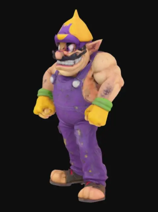 3D model for Wario in exaggerated '90s comic-book style: muscle-bound, purple overalls with oil stains, and a grotesque grin. Cell-shaded textures with ink outlines, 4K PBR for grunge details. High-poly (500K tris), dynamic 'shoulder bash' pose