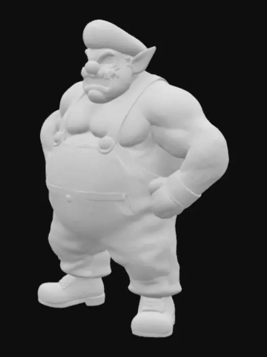 3D model for Wario in exaggerated '90s comic-book style: muscle-bound, purple overalls with oil stains, and a grotesque grin. Cell-shaded textures with ink outlines, 4K PBR for grunge details. High-poly (500K tris), dynamic 'shoulder bash' pose