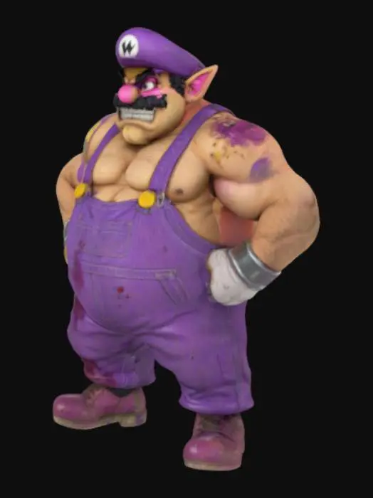 3D model for Wario in exaggerated '90s comic-book style: muscle-bound, purple overalls with oil stains, and a grotesque grin. Cell-shaded textures with ink outlines, 4K PBR for grunge details. High-poly (500K tris), dynamic 'shoulder bash' pose