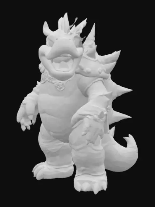 3D model for Hyper-detailed King Koopa/Bowser with spiked shell (individual modeled spikes), scarred reptilian skin, and molten metal armor. Realistic materials (charred keratin, glowing magma veins in shell, tarnished gold jewelry). Pose: roaring with fire breath FX, 16K PBR textures, micro-surface details (scratches, dried lava crust). ZBrush-ready high-poly sculpt (10M+ polys)