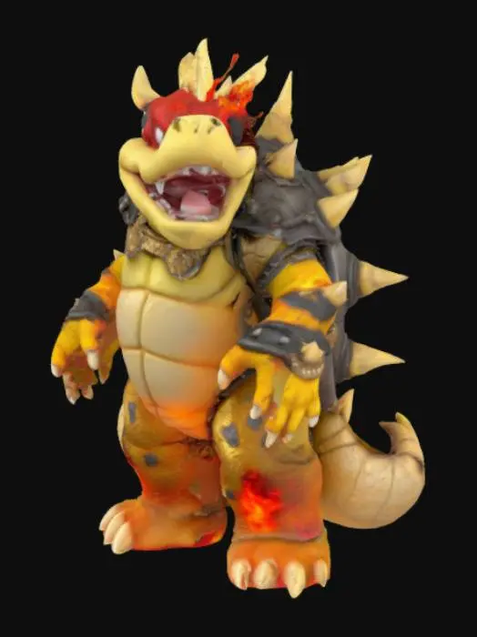 3D model for Hyper-detailed King Koopa/Bowser with spiked shell (individual modeled spikes), scarred reptilian skin, and molten metal armor. Realistic materials (charred keratin, glowing magma veins in shell, tarnished gold jewelry). Pose: roaring with fire breath FX, 16K PBR textures, micro-surface details (scratches, dried lava crust). ZBrush-ready high-poly sculpt (10M+ polys)