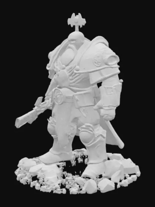 3D model for Warhammer 40K Primarch Rogal Dorn in the heart of the Imperial Palace siege, wielding Storm’s Teeth and clad in battle-worn auramite. Ultra-high-poly armor (dented, scorched, but unbroken) with Imperial Fists heraldry (black-and-yellow hazard stripes, purity seals). Photorealistic textures (gritty ceramite, oil-stained gloves, marble-like stone debris underfoot). 16K PBR materials, ray-traced ambient occlusion for depth. Pose: defensive stance, shield raised against artillery fire. Cinematic depth of field, volumetric dust clouds
