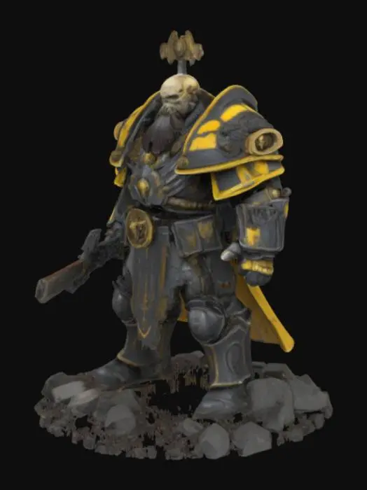 3D model for Warhammer 40K Primarch Rogal Dorn in the heart of the Imperial Palace siege, wielding Storm’s Teeth and clad in battle-worn auramite. Ultra-high-poly armor (dented, scorched, but unbroken) with Imperial Fists heraldry (black-and-yellow hazard stripes, purity seals). Photorealistic textures (gritty ceramite, oil-stained gloves, marble-like stone debris underfoot). 16K PBR materials, ray-traced ambient occlusion for depth. Pose: defensive stance, shield raised against artillery fire. Cinematic depth of field, volumetric dust clouds