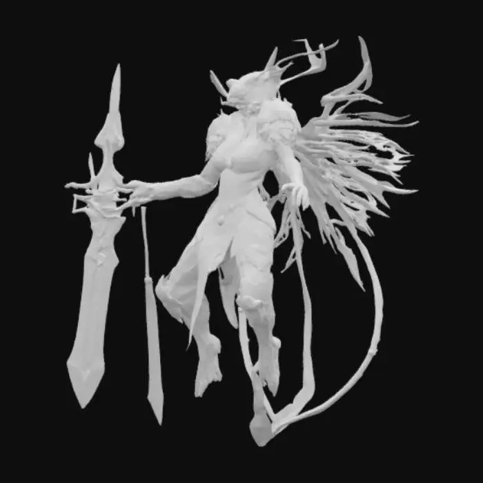 3D model for Aeldari Howling Banshee in flowing wraithbone armor, screaming mask with soulstone gems, and a power sword mid-leap. Organic-elven aesthetic, smooth curvature topology for animation, iridescent pearl-like materials. 8k PBR textures with emissive glow effects