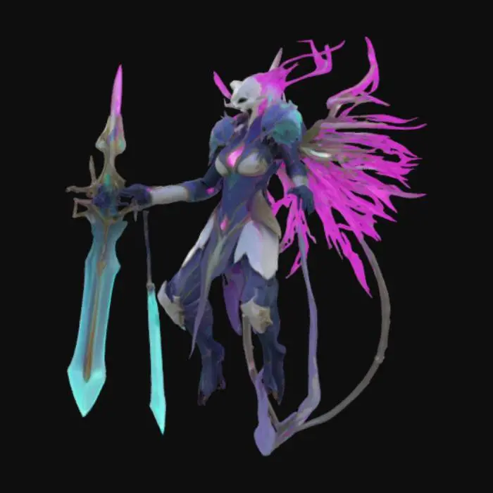 3D model for Aeldari Howling Banshee in flowing wraithbone armor, screaming mask with soulstone gems, and a power sword mid-leap. Organic-elven aesthetic, smooth curvature topology for animation, iridescent pearl-like materials. 8k PBR textures with emissive glow effects