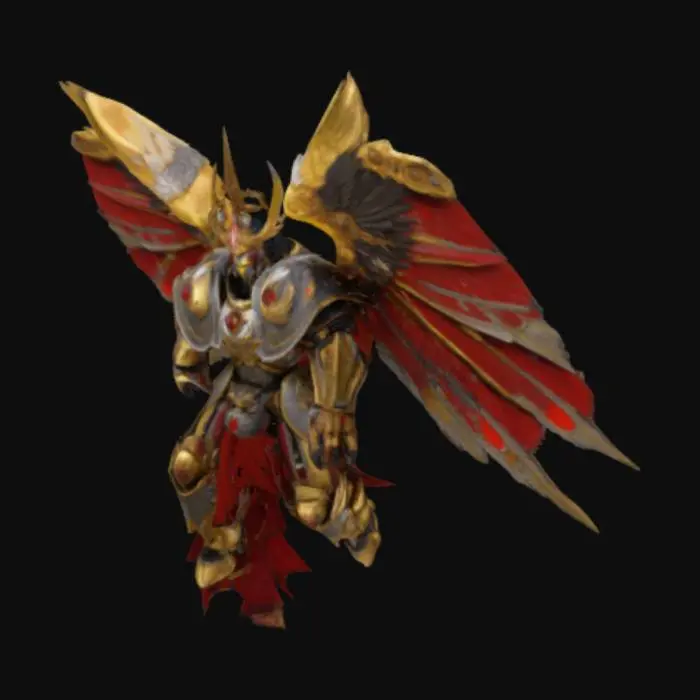 3D model for "Warhammer 40K Primarch Sanguinius in mid-flight, his glorious golden wings fully extended (feather-by-feather detailing with anisotropic highlights). Artificer-crafted armor with blood gem inlays, intricate heraldry of the Blood Angels, and battle damage from the Siege of Terra. Hyper-realistic facial expression (noble yet sorrowful), 12K PBR textures (velvet-like wing membranes, polished auramite, dried blood effects). Dramatic lighting with rim light halo, volumetric fog, and Horus Heresy-era battlefield backdrop. Quad-dominant topology for facial animation."