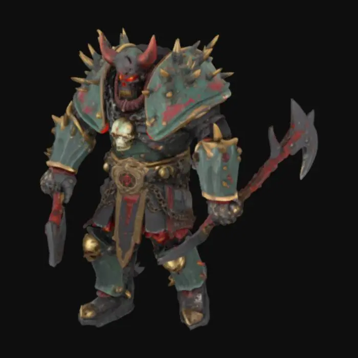3D model for Khorne Berzerker in spiked Chaos power armor, wielding dual chainaxes. Brutal battle damage (skull trophies, blood splatter), brass trim with verdigris corrosion, and glowing rage-filled eye lenses. Stylized exaggerated proportions (à la ‘Eavy Metal paint jobs), 4k albedo/normal maps.