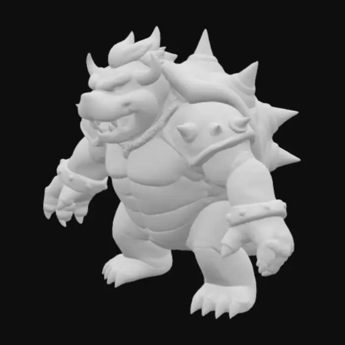 3D model for Hyper-detailed King Koopa/Bowser with spiked shell (individual modeled spikes), scarred reptilian skin, and molten metal armor. Realistic materials (charred keratin, glowing magma veins in shell, tarnished gold jewelry). Pose: roaring with fire breath FX, 16K PBR textures, micro-surface details (scratches, dried lava crust). ZBrush-ready high-poly sculpt (10M+ polys)