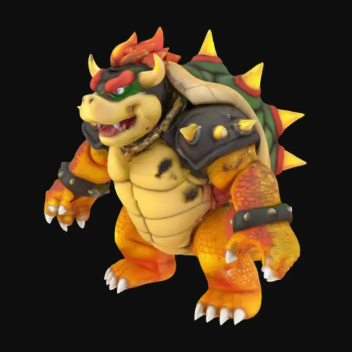 3D model for Hyper-detailed King Koopa/Bowser with spiked shell (individual modeled spikes), scarred reptilian skin, and molten metal armor. Realistic materials (charred keratin, glowing magma veins in shell, tarnished gold jewelry). Pose: roaring with fire breath FX, 16K PBR textures, micro-surface details (scratches, dried lava crust). ZBrush-ready high-poly sculpt (10M+ polys)