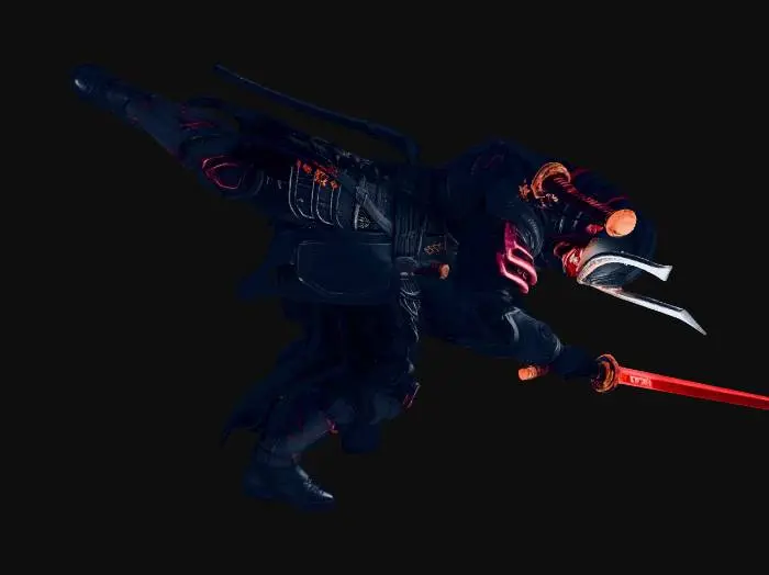 3D model for Full body 3D character, Star Wars inspired cyber samurai ninja warrior, 
fusion of Japanese mythology and futuristic space technology. 
Wearing advanced samurai armor mixed with ninja stealth suit, 
sleek black and dark metallic armor plates with glowing energy lines, 
high-tech kabuto helmet with a narrow visor and holographic symbols.
Equipped with an energy katana similar to a lightsaber, 
ancient Japanese talismans and oni mask details integrated into the armor.

Design blends traditional feudal Japan aesthetics with sci-fi starfighter technology.
Strong heroic stance, cloak slightly flowing, detailed armor engravings, 
hard surface sci-fi armor with cloth ninja elements.
Game-ready 3D model, highly detailed sculpt, clean topology, 
centered full body character, neutral pose, cinematic