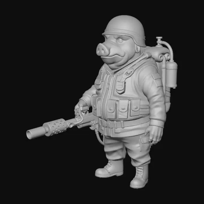 3D model for a pig standing like a human, wearing camo clothing, holding a flame thrower in the left hand, with a small tank backpack for gas.