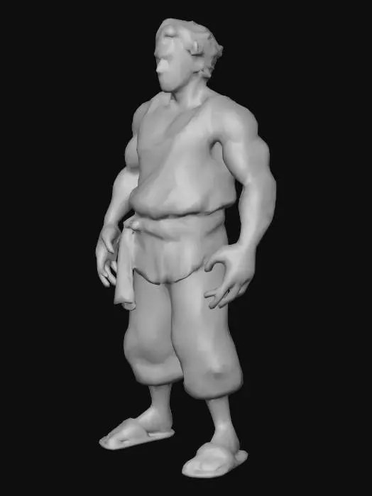 3D model for Create a 3D model of a human 27 year-old male villager, with full body, standing approximately 6 feet tall. He has a Greek appearance with olive skin, grey eyes, and medium-length dark brown hair. His build is toned and slender, reflecting a life of physical labor. Facial features include a square jaw and prominent cheekbones. Outfit is simple, practical villager attire: a beige cotton tunic, secured at the waist with ropes used as a belt, simple cloth boots, and plain leather bracers on the forearms. Style is space opera, scifi and fantasy, grounded in a subtropical underground village environment with earthy tones. Must not hold anything in his hands and carries no weapons Must not have beard.