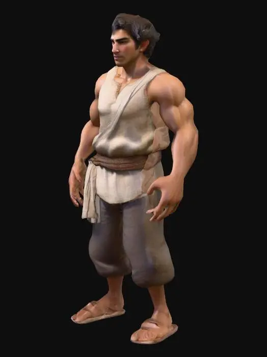 3D model for Create a 3D model of a human 27 year-old male villager, with full body, standing approximately 6 feet tall. He has a Greek appearance with olive skin, grey eyes, and medium-length dark brown hair. His build is toned and slender, reflecting a life of physical labor. Facial features include a square jaw and prominent cheekbones. Outfit is simple, practical villager attire: a beige cotton tunic, secured at the waist with ropes used as a belt, simple cloth boots, and plain leather bracers on the forearms. Style is space opera, scifi and fantasy, grounded in a subtropical underground village environment with earthy tones. Must not hold anything in his hands and carries no weapons Must not have beard.