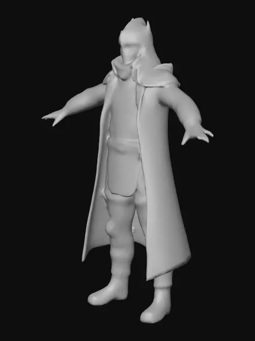 3D model for Male Salgaran Dominion Guard in T-pose, 6’3”, athletic build, neutral plain background. Armor is dark brown with layered, scale-like chest and shoulder plates. Long dark brown coat reaches knees, secured with a wide belt and metal buckle. Crimson scarf wraps neck, tucked neatly. Gloves are dark leather, reinforced at knuckles. Boots are sturdy, armored, dark brown with shin guards. Helmet is smooth, pointed, arching over forehead, leaving lower face visible. Strong symmetrical features, intense bright blue eyes, stern expression. Design style blends medieval-fantasy with subtle sci-fi. Realistic proportions, detailed textures for cloth, leather, and scale metal. Rig-ready.