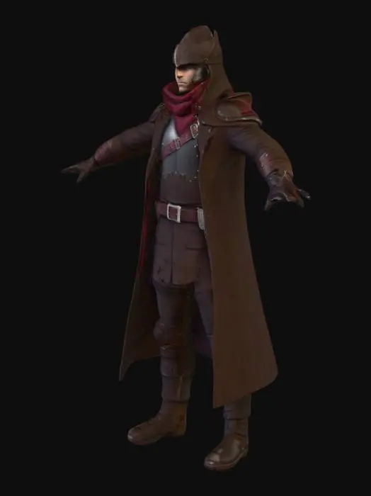 3D model for Male Salgaran Dominion Guard in T-pose, 6’3”, athletic build, neutral plain background. Armor is dark brown with layered, scale-like chest and shoulder plates. Long dark brown coat reaches knees, secured with a wide belt and metal buckle. Crimson scarf wraps neck, tucked neatly. Gloves are dark leather, reinforced at knuckles. Boots are sturdy, armored, dark brown with shin guards. Helmet is smooth, pointed, arching over forehead, leaving lower face visible. Strong symmetrical features, intense bright blue eyes, stern expression. Design style blends medieval-fantasy with subtle sci-fi. Realistic proportions, detailed textures for cloth, leather, and scale metal. Rig-ready.