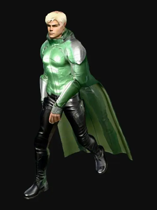 3D model for A young heroic male character in A-pose, full body. He has Nordic and Cherokee features: strong square jaw, high cheekbones, platinum blonde hair, light gray eyes, and olive skin. He wears a dark crimson-red futuristic cloak, a tight emerald green sci-fi shirt, and dark brown leather pants with a slight sci-fi texture. His boots are sleek, black, and high-tech. He wears a unisex leather collar around his neck. Over his shirt, he has lightweight, segmented Kuprix alloy armor on his shoulders and chest, with glowing blue lines. The armor is slim and functional, not bulky. Neutral background, character is in T-pose, arms outstretched horizontally, legs slightly apart. Style is realistic game character for sci-fi RPG.