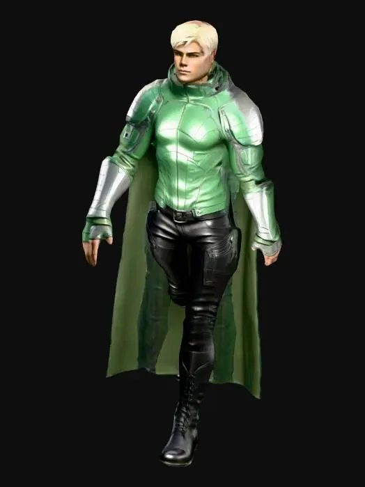 3D model for A young heroic male character in A-pose, full body. He has Nordic and Cherokee features: strong square jaw, high cheekbones, platinum blonde hair, light gray eyes, and olive skin. He wears a dark crimson-red futuristic cloak, a tight emerald green sci-fi shirt, and dark brown leather pants with a slight sci-fi texture. His boots are sleek, black, and high-tech. He wears a unisex leather collar around his neck. Over his shirt, he has lightweight, segmented Kuprix alloy armor on his shoulders and chest, with glowing blue lines. The armor is slim and functional, not bulky. Neutral background, character is in T-pose, arms outstretched horizontally, legs slightly apart. Style is realistic game character for sci-fi RPG.
