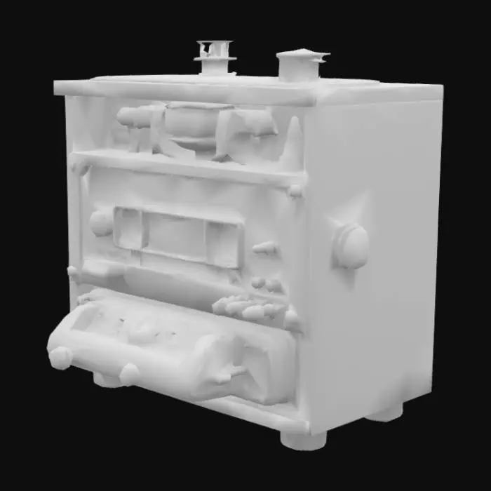 3D model for A steampunk-inspired cassette player subtly blending retro and medieval aesthetics. It is fully integrated into a dark wooden cabinet or wall panel, with brass or copper detailing. The cassette is not visible — the design keeps it internal and minimalistic, with a closed, aged metal front plate. The surface appears slightly dusty and worn, showing signs of age and long use. There are no modern buttons — only a few mechanical switches or vintage-style toggles. The object should be a full 3D model (360°), realistic in texture and detail. It should look old but functional, fitting the interior of a luxurious, dusty steampunk train.