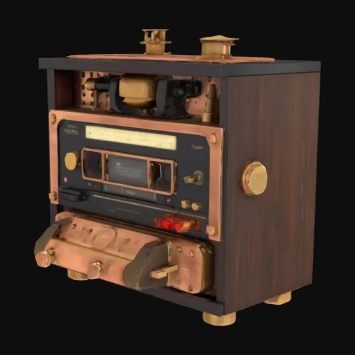 3D model for A steampunk-inspired cassette player subtly blending retro and medieval aesthetics. It is fully integrated into a dark wooden cabinet or wall panel, with brass or copper detailing. The cassette is not visible — the design keeps it internal and minimalistic, with a closed, aged metal front plate. The surface appears slightly dusty and worn, showing signs of age and long use. There are no modern buttons — only a few mechanical switches or vintage-style toggles. The object should be a full 3D model (360°), realistic in texture and detail. It should look old but functional, fitting the interior of a luxurious, dusty steampunk train.