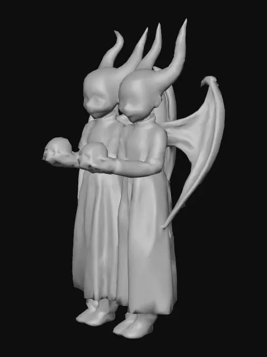 3D model for demonic doll twins with wings, claws, evil horror faces, and holding skulls in thier hands