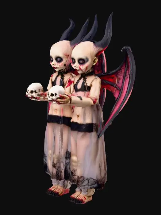 3D model for demonic doll twins with wings, claws, evil horror faces, and holding skulls in thier hands