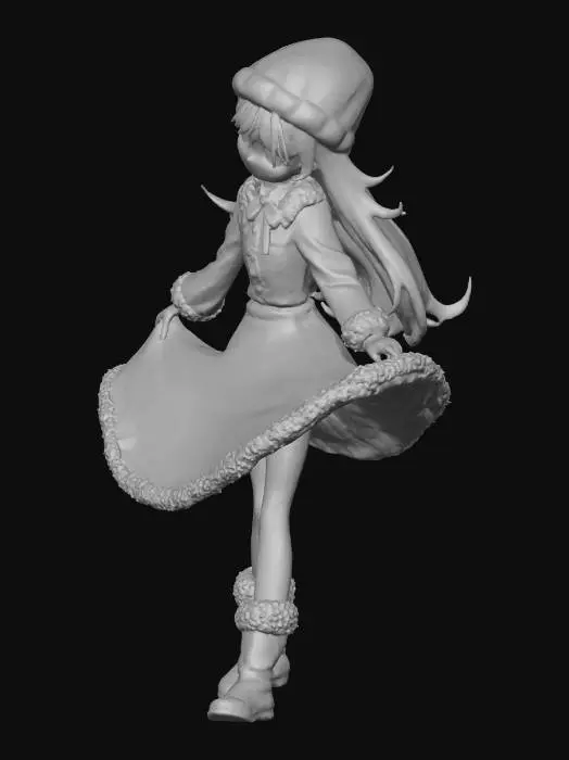 3D model for 欧美动漫风少女,黄色长发,身着圣诞服饰,头戴圣诞帽,搭配圣诞装短裙,身体前倾,屁股后翘,一手握裙边,一手扶帽,脸色娇羞,初恋感