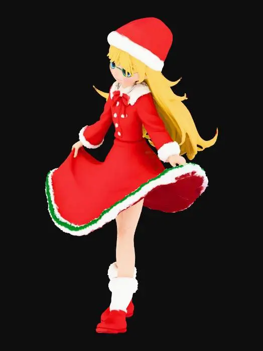 3D model for 欧美动漫风少女,黄色长发,身着圣诞服饰,头戴圣诞帽,搭配圣诞装短裙,身体前倾,屁股后翘,一手握裙边,一手扶帽,脸色娇羞,初恋感