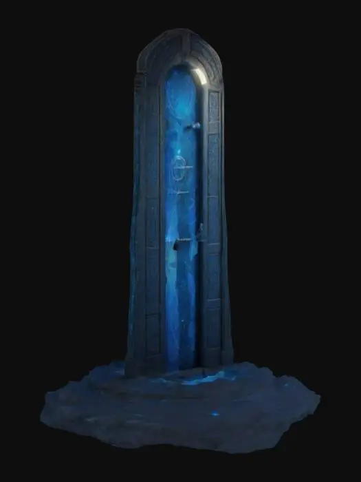 3D model for 时空门，高质量，超高分辨率，细腻的光影效果，穿越时空的神秘门户，周围环绕着流动的光粒子和微弱的光芒，背景是深邃的星空，门框上刻有复杂的符文和古老的符号，散发出淡淡的蓝光，整个场景充满科幻与奇幻交织的气息。