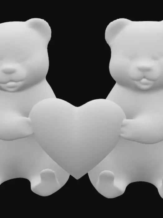 3D model for Have to pandas that are sitting side by side, holding a heart in the middle, it will be two separate parts than connect together at the heart 