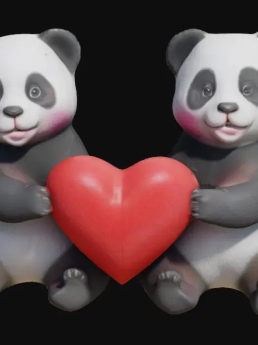 3D model for Have to pandas that are sitting side by side, holding a heart in the middle, it will be two separate parts than connect together at the heart 