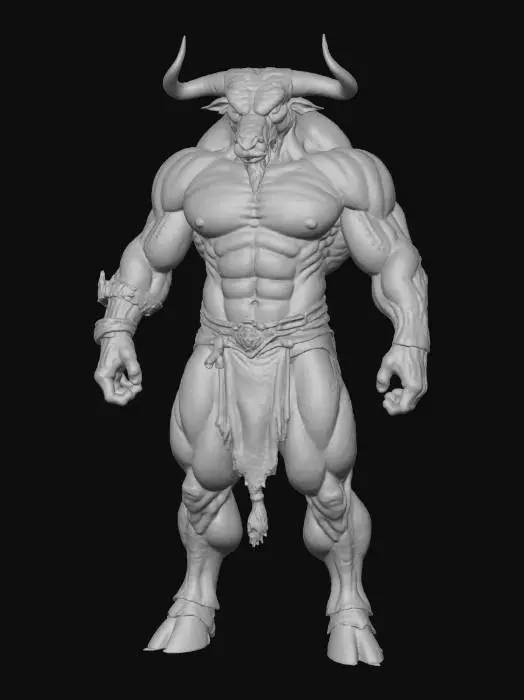 3D model for Minotauro:
Cabeza de toro con dos cuernos oscuros.
Torso de humano musculoso y robusto.
Brazos fuertes y musculosos.
Abdomen tonificado y solido.
Cadera de toro tonificado con su cola.
Patas de toro fuertes y tonificados.
Pies en forma de pezuña.
Es bipedo.