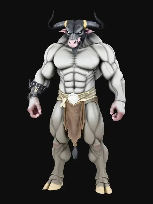 3D model for Minotauro:
Cabeza de toro con dos cuernos oscuros.
Torso de humano musculoso y robusto.
Brazos fuertes y musculosos.
Abdomen tonificado y solido.
Cadera de toro tonificado con su cola.
Patas de toro fuertes y tonificados.
Pies en forma de pezuña.
Es bipedo.
