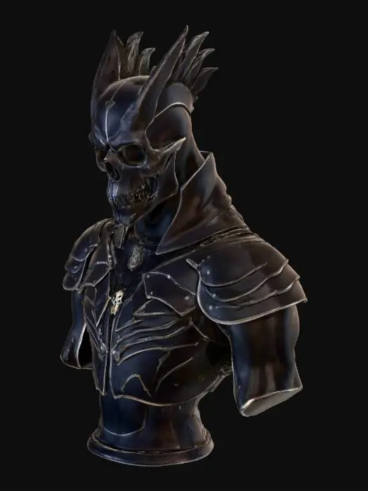 3D model for An imposing humanoid figure clad in a dark, intricately forged medieval suit of armor. The helmet is a menacing raven skull, crafted from obsidian-like material with sharp, hollow eye sockets that seem to pierce the darkness. Its polished surface reflects minimal light, hinting at a cold, unyielding texture. Heavy, segmented plates of blackened steel or dark, distressed leather form the suit, featuring subtle, pointed accents. The overall angular and formidable shape exudes a tangible aura of malevolence., #villain#