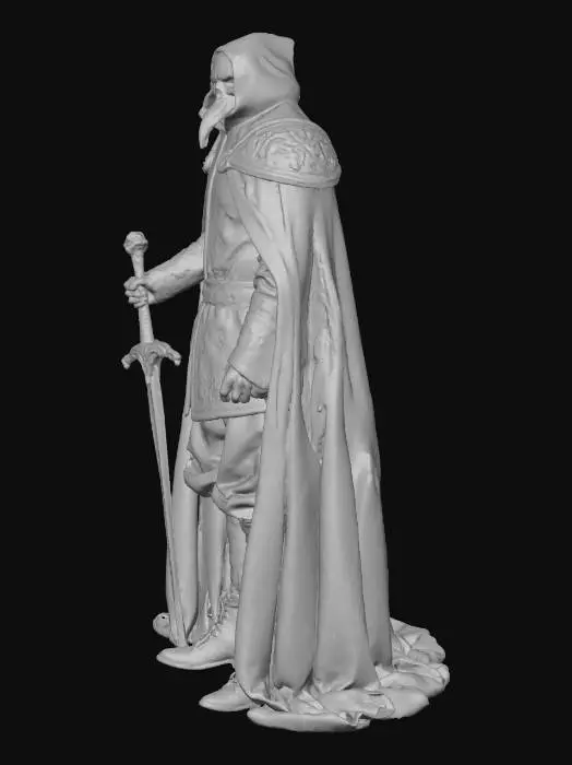 3D model for A formidable figure adorned in opulent Renaissance attire, crowned by a menacing raven skull, and holding a sword. The skull, crafted from dark, polished bone or metal, features sharp beak contours and hollow, unsettling eye sockets. His clothing comprises a deep crimson velvet doublet with elaborate, tarnished gold embroidery and voluminous puffed sleeves. Dark, flowing breeches and a heavy, textured brocade cloak drape grandly. The rich fabrics, smooth yet subtly unsettling to the touch, hint at sinister elegance. The sword is long with a strong grip handle, adorned with snakes. This angular, imposing form projects a tangible aura of malevolence.  #villain#