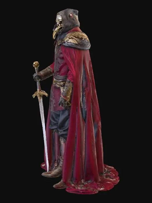 3D model for A formidable figure adorned in opulent Renaissance attire, crowned by a menacing raven skull, and holding a sword. The skull, crafted from dark, polished bone or metal, features sharp beak contours and hollow, unsettling eye sockets. His clothing comprises a deep crimson velvet doublet with elaborate, tarnished gold embroidery and voluminous puffed sleeves. Dark, flowing breeches and a heavy, textured brocade cloak drape grandly. The rich fabrics, smooth yet subtly unsettling to the touch, hint at sinister elegance. The sword is long with a strong grip handle, adorned with snakes. This angular, imposing form projects a tangible aura of malevolence.  #villain#