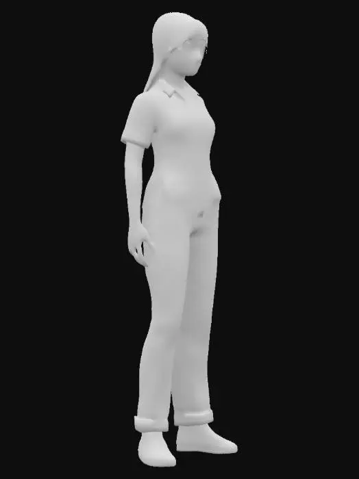 3D model for A low-poly 3D model of an Asian female gas station cashier, wearing an old worn-out uniform, standing pose, neutral facial expression, realistic proportions, horror game style, textured, game-ready, in PS1-style