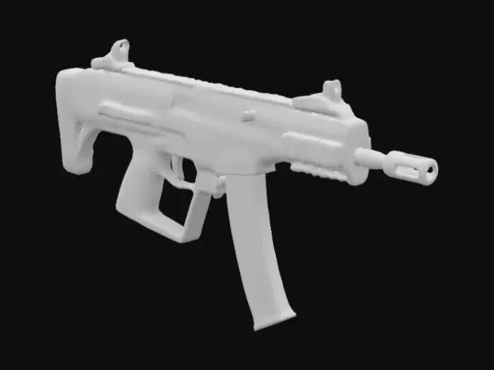3D model for make a semi auto gun that has a mag and arm rest with a factory clean texture that's black with a little red on it